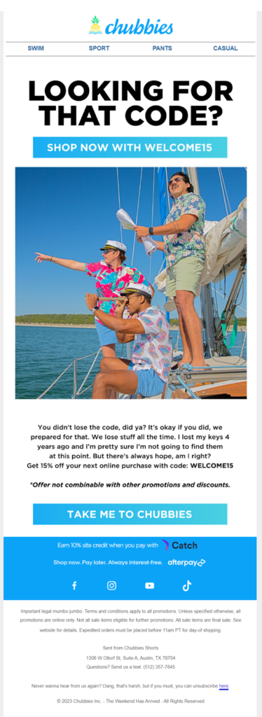 Email retargeting new subscribers with discount reminder topped with hero image of three men in colorful print shirts standing on a boat.
