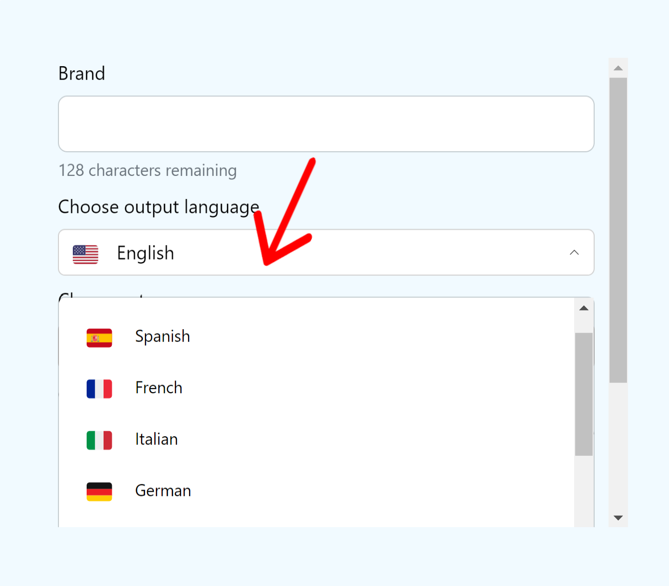 Choose from the different languages from the drop down.