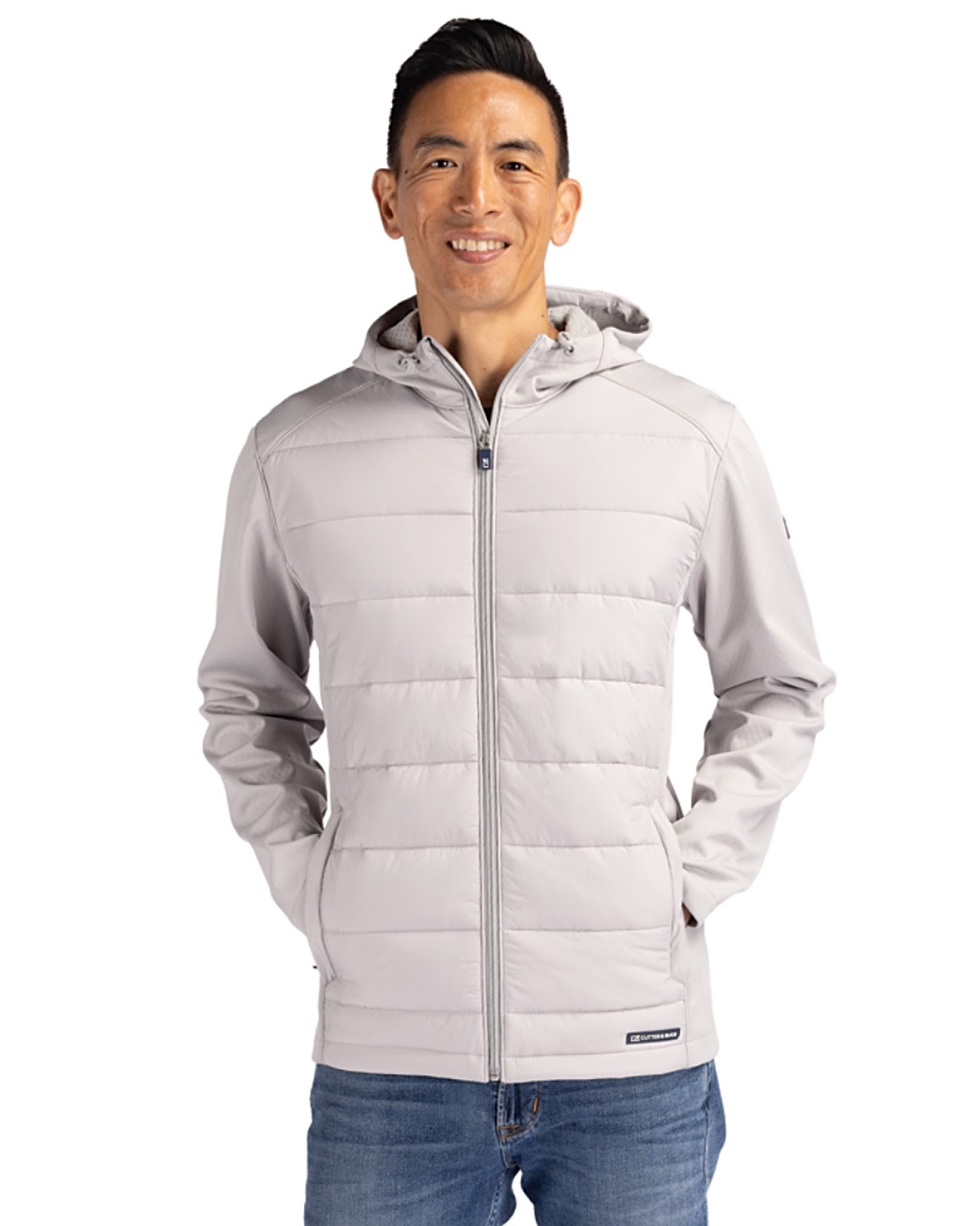 Man wearing Cutter & Buck Evoke Hybrid Eco Softshell Recycled Full Zip Mens Hooded Jacket in Concrete or Light Grey