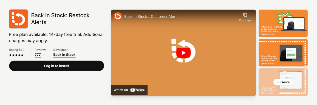shopify app store listing page of Back in Stock: Restock Alerts