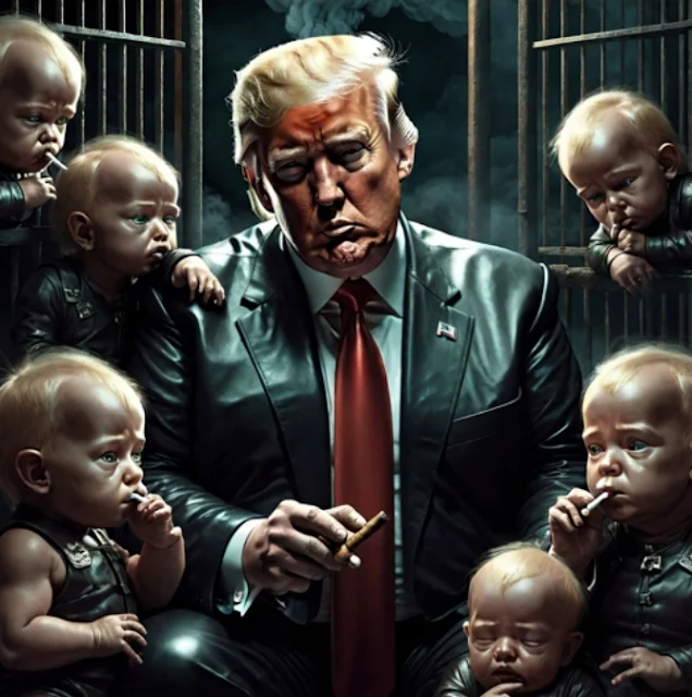 Trump wearing black leather blazer smoking gar surrounded by upset babies in cages smoking