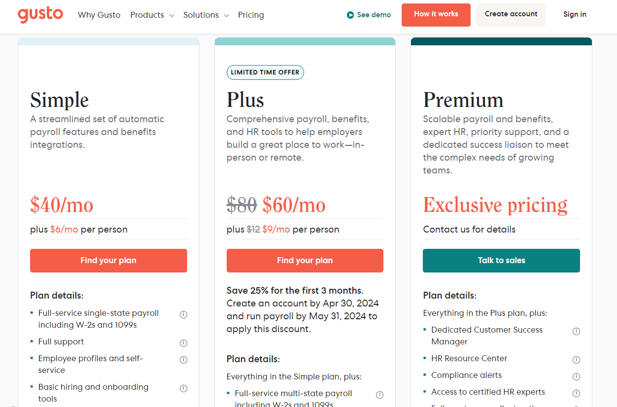 Gusto Pricing Plans