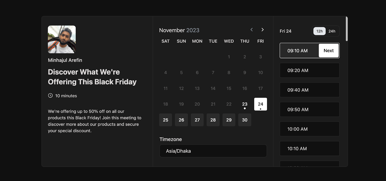 booking page in dark mode