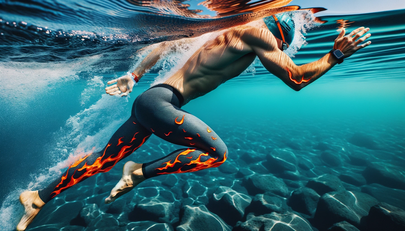 Photo of a determined triathlete swimming in clear blue water, wearing lava pants that fit snugly around their legs. The water ripples around them, and their arms are mid-stroke, emphasizing the power and technique of their swim.