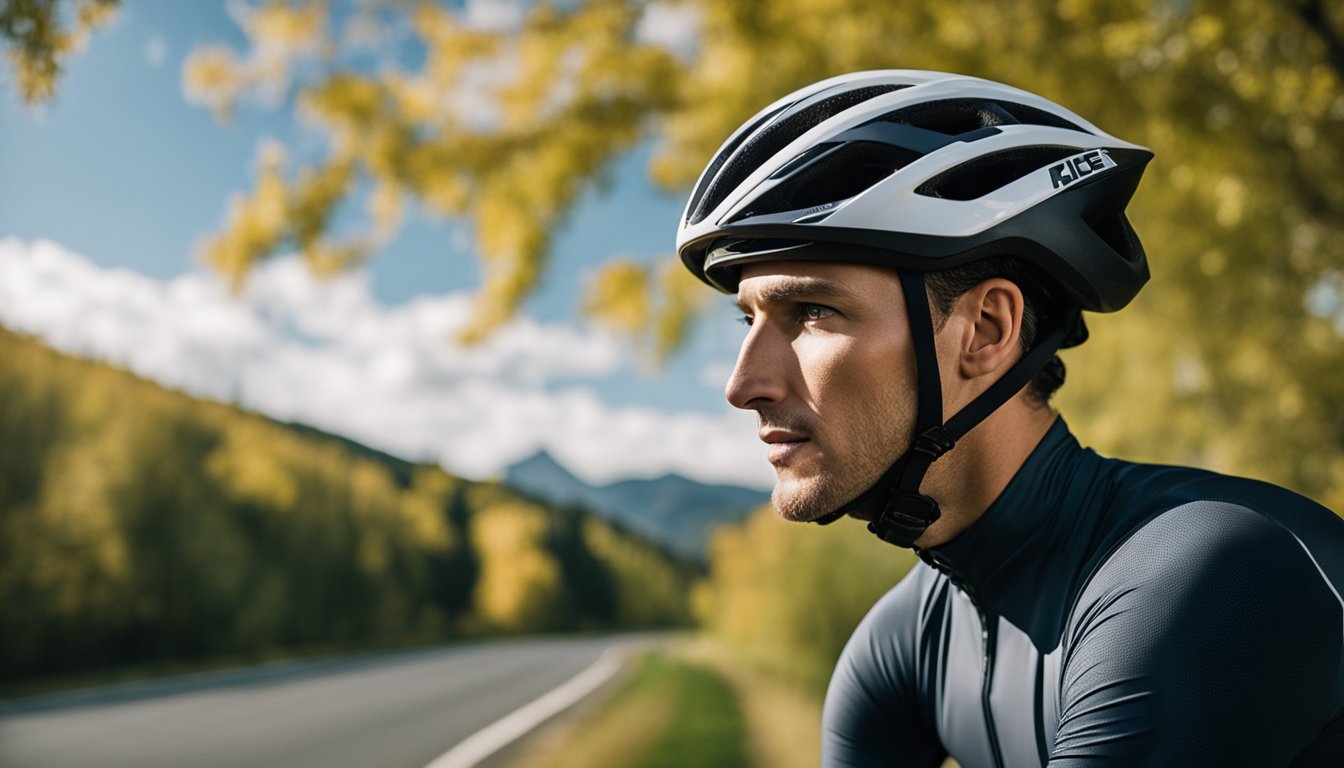 A cyclist wearing a Safety and Protection ACE II Road Bike Helmet, riding on a smooth road with trees and mountains in the background