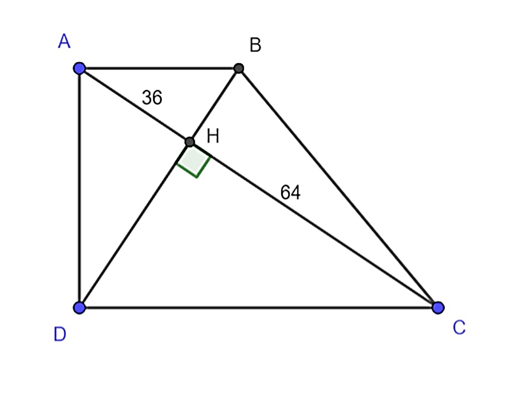 1. Cho hình thang vuông ABCD (A=D=90 độ) các đường chéo AC và BD vuông góc  với nhau tại H, biết AH=36cm, HC=64cm. a. Tính DH, HB b. Tính diện tích hình