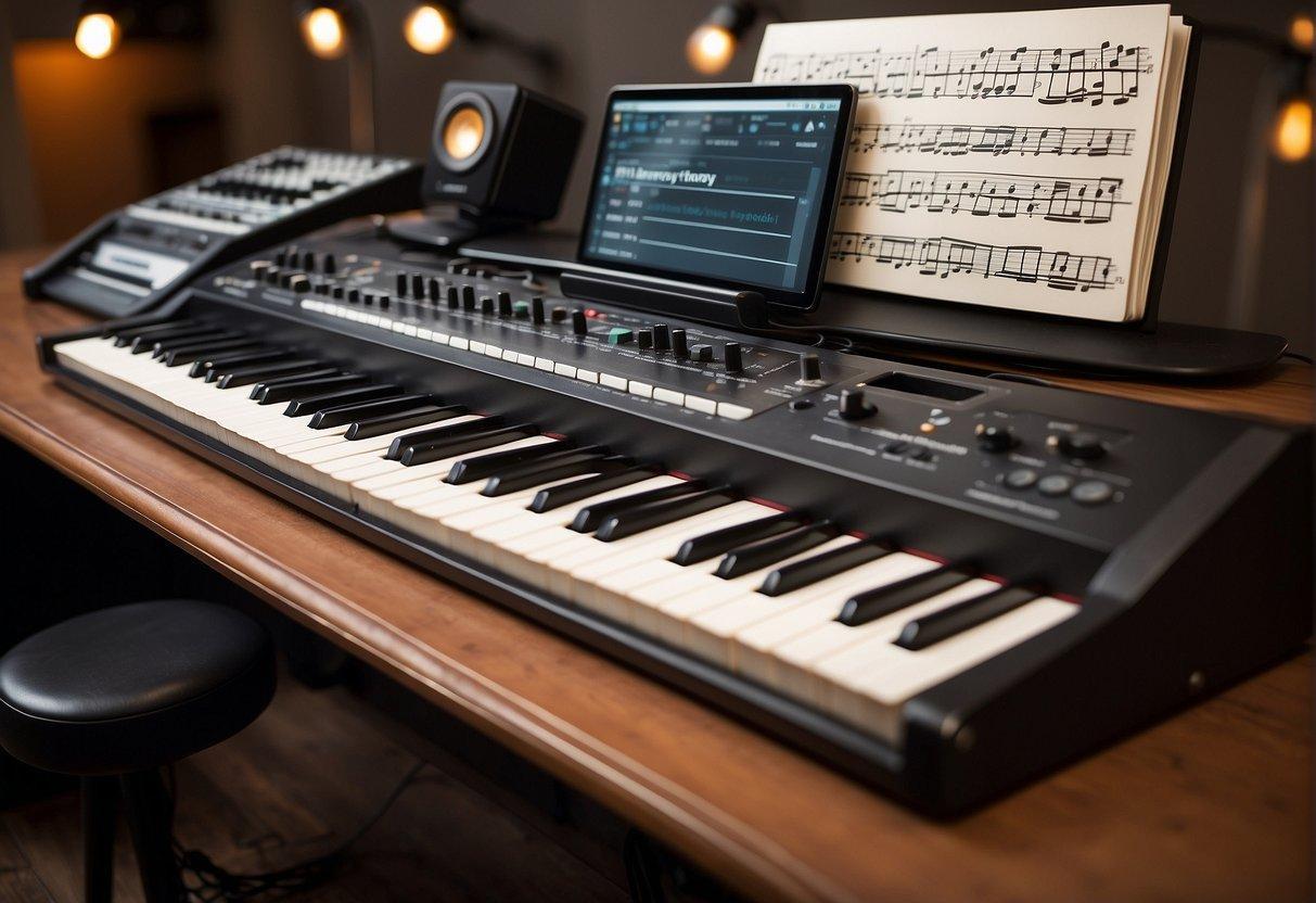 A MIDI keyboard and computer screen display music notes and chords, surrounded by musical instruments and a book titled "Harmony and Chords Music Theory Fundamentals."