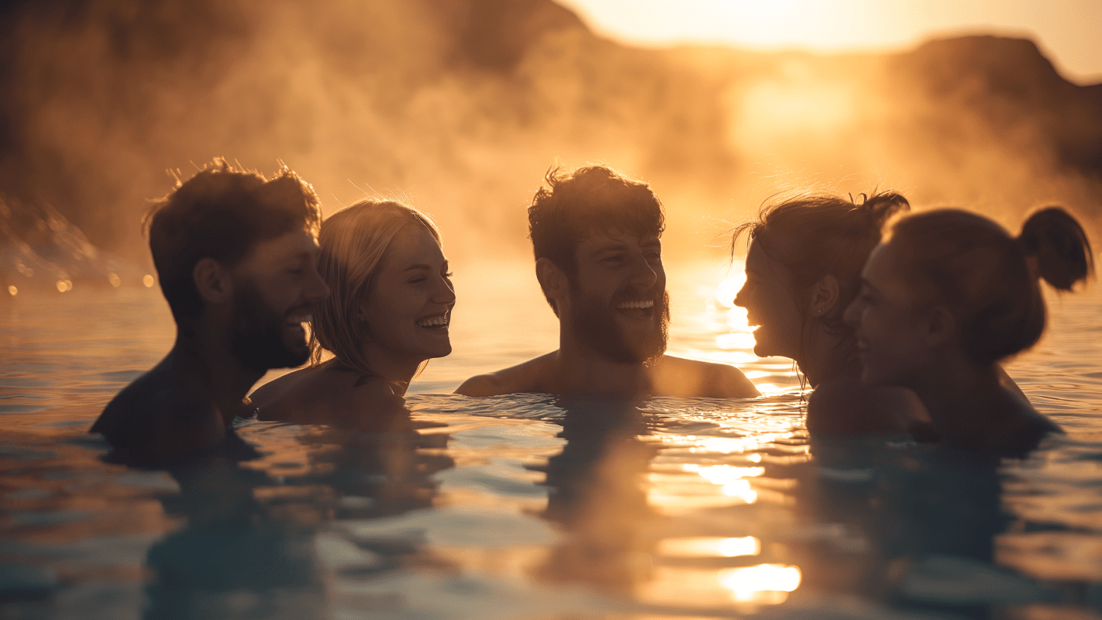 Friends enjoying a hearty laugh at a geothermal hot spring in Iceland