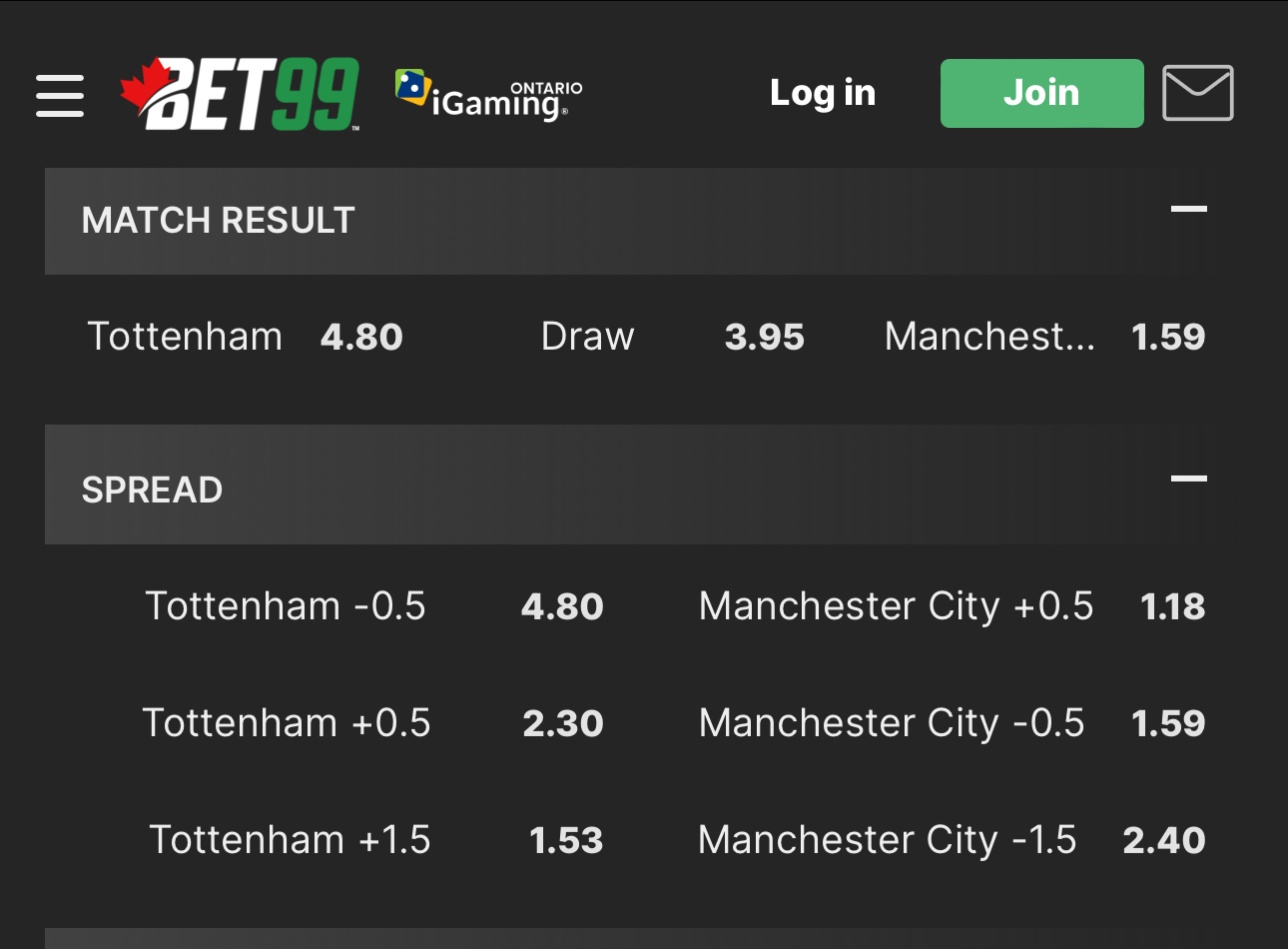 Tottenham vs Manchester City alternate Asian handicaps at bet365