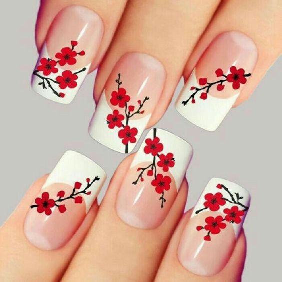 Red floral nail art