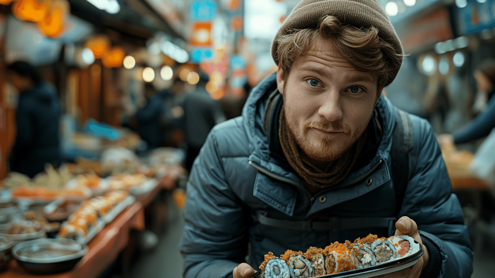 Man tasting street food at a Korean market.