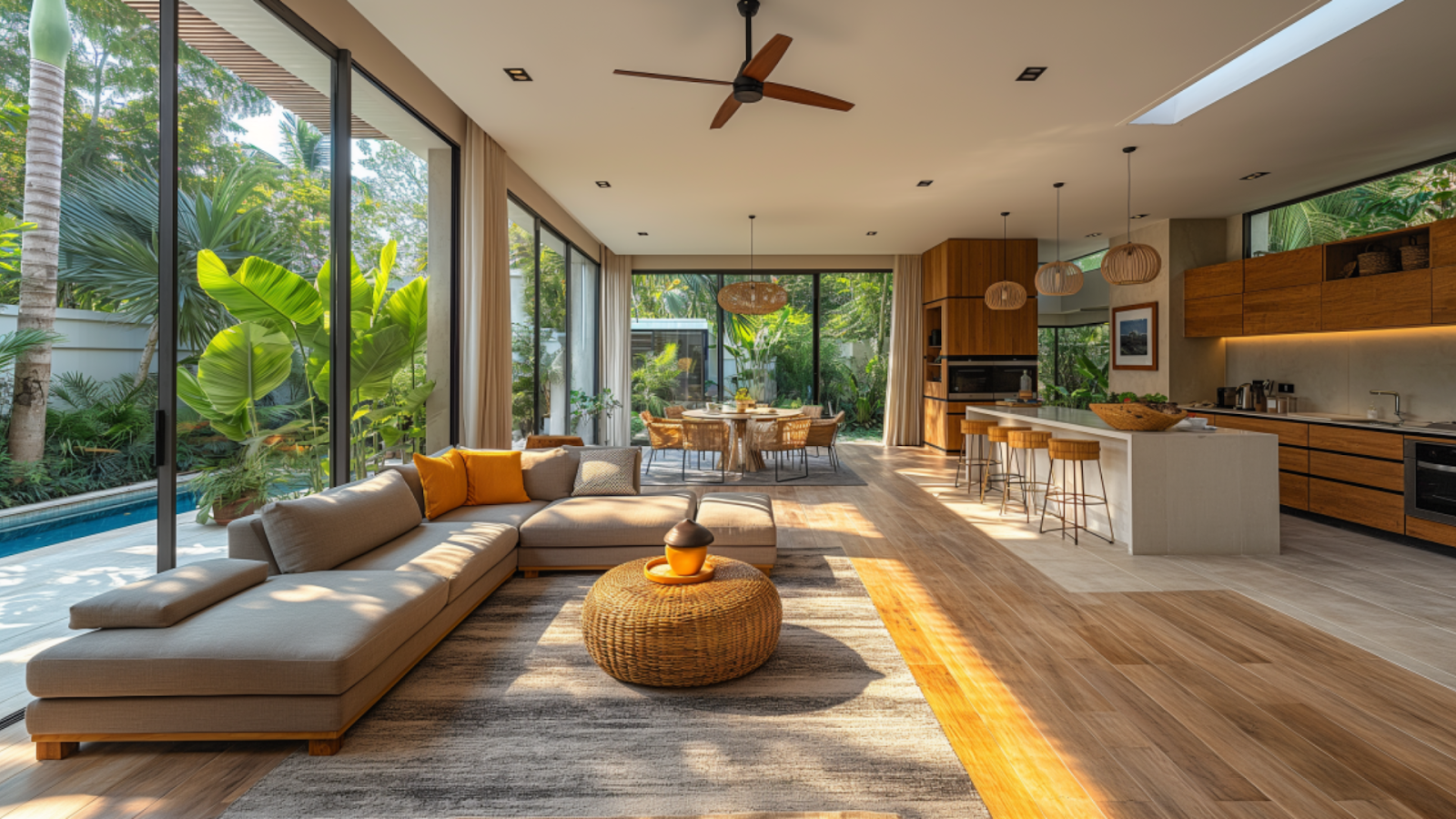 Interior of a contemporary luxury villa in Playa del Carmen with modern furniture and large open concept windows.