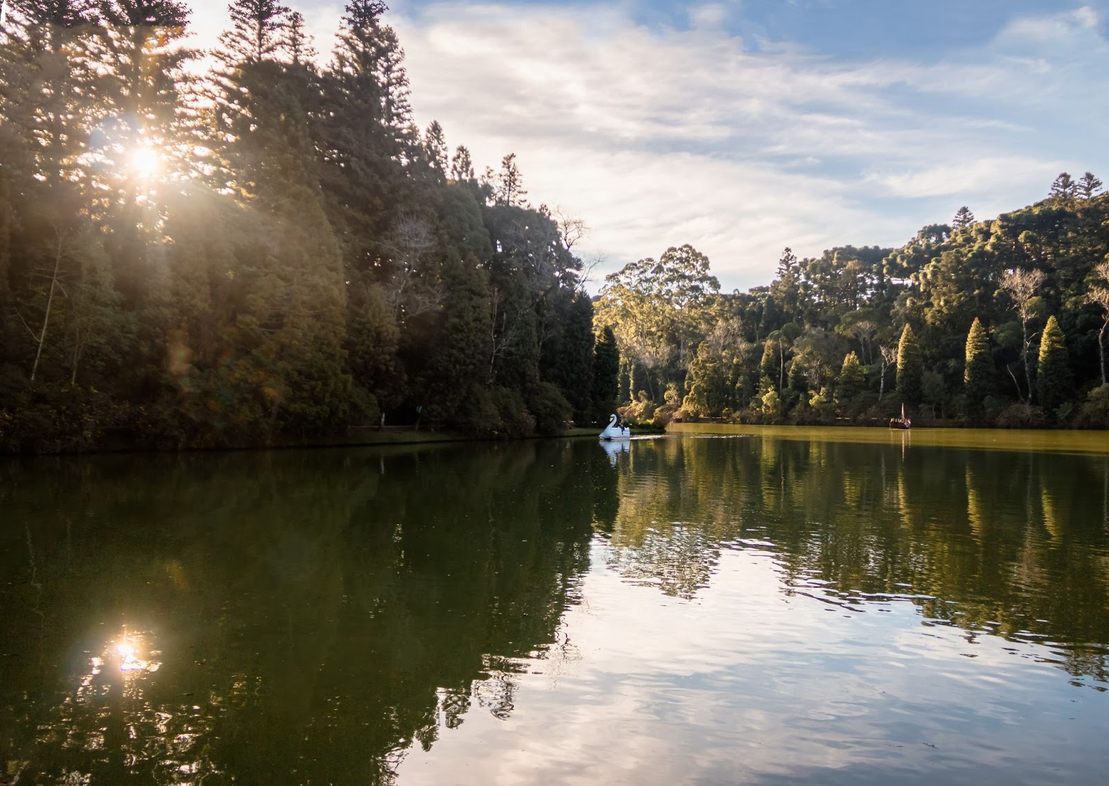 Lago Negro em Gramado. Água sem movimento, cercada de árvores e com um pedalinho em forma de ganso à distância.