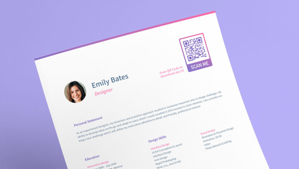A PDF QR Code on a designer's resume prompting readers to scan to download her resume