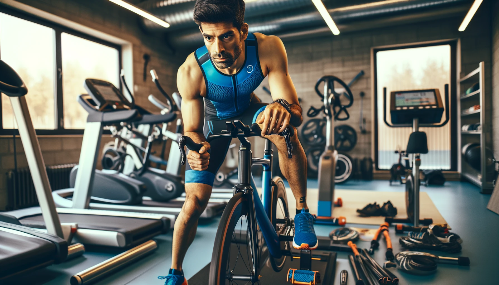 he is transitioning between a stationary bike and a running treadmill, illustrating the unique aspect of a brick workout. He's dressed in a bright blue triathlon suit, and his expression is one of determination and focus.