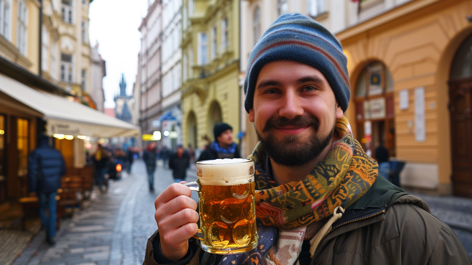 A man holding a mug of craft beer in Prague