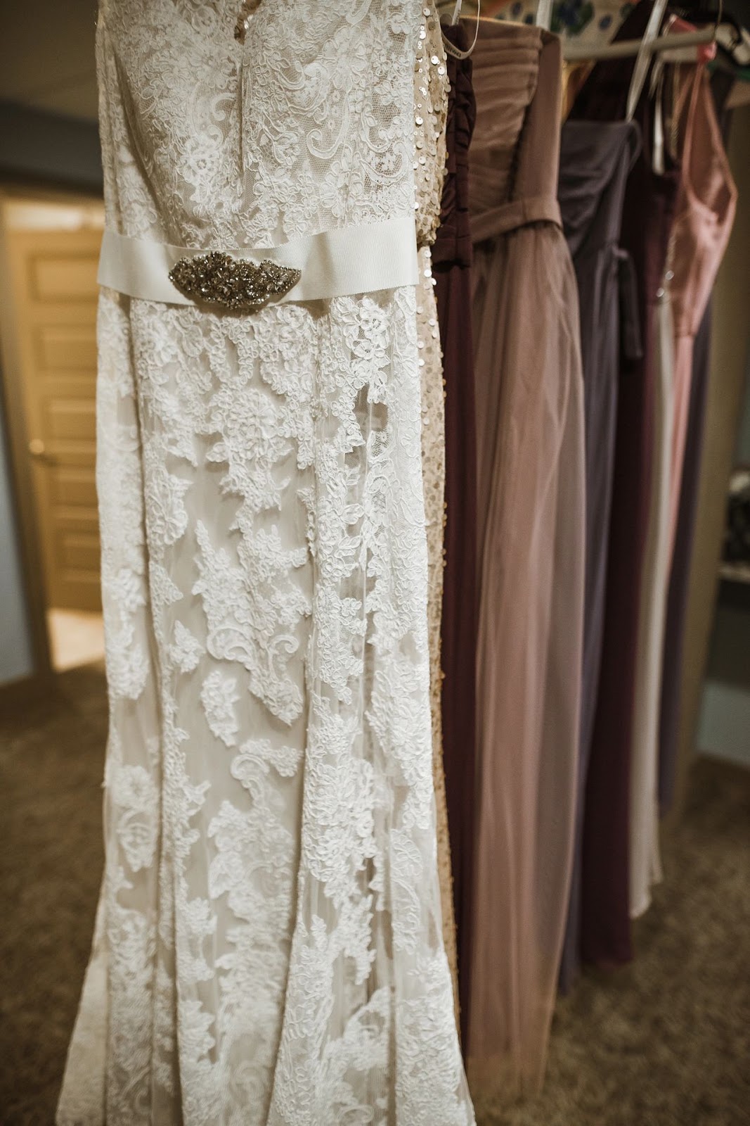 Wedding dress and bridesmaid dresses.