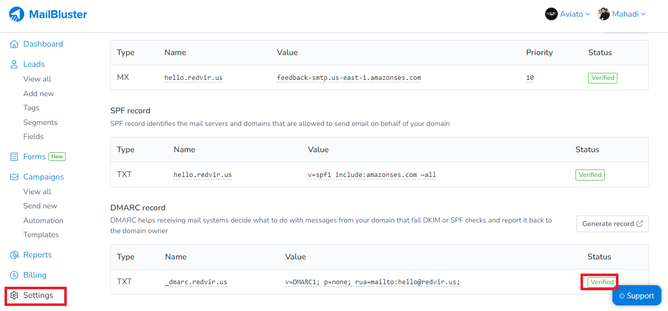 DMARC record verification status