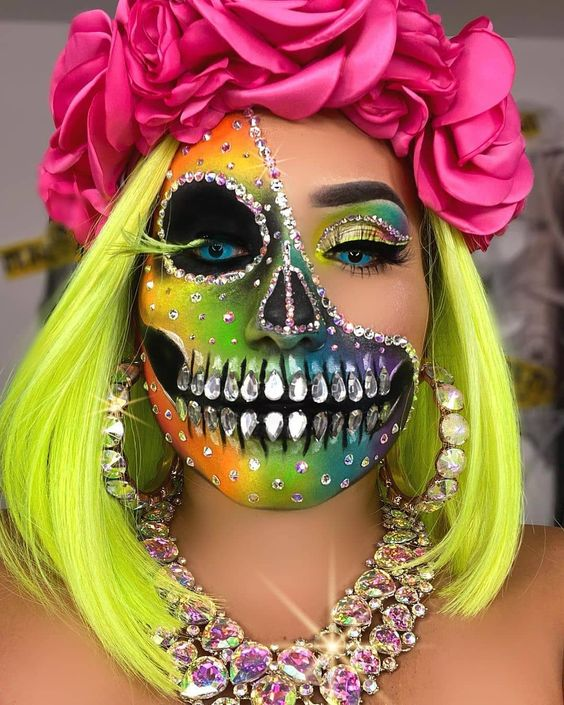 Picture of a lady rocking skull face paint design