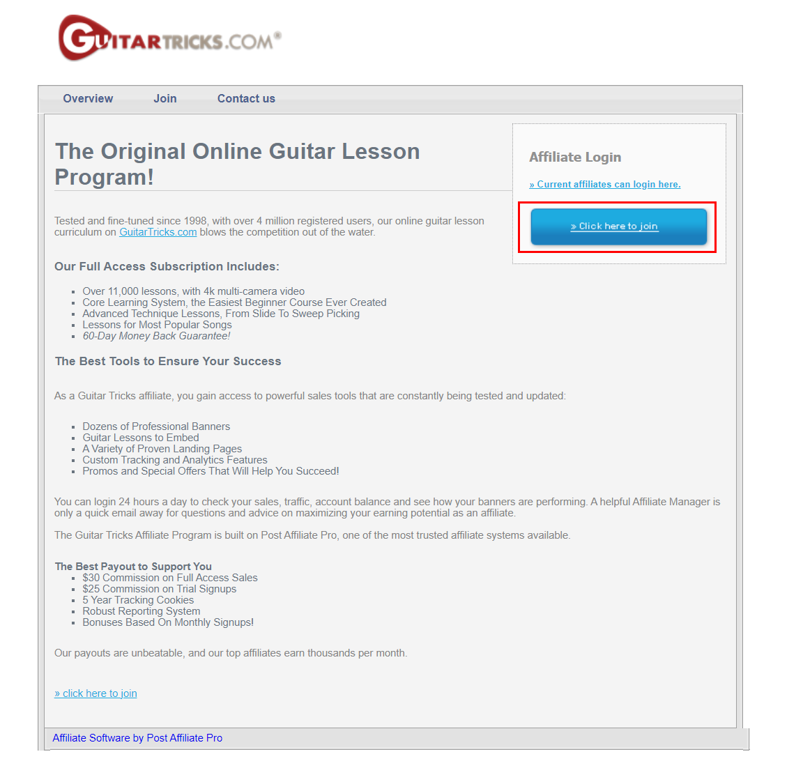 Guitar Tricks affiliate program on Post Affiliate Pro