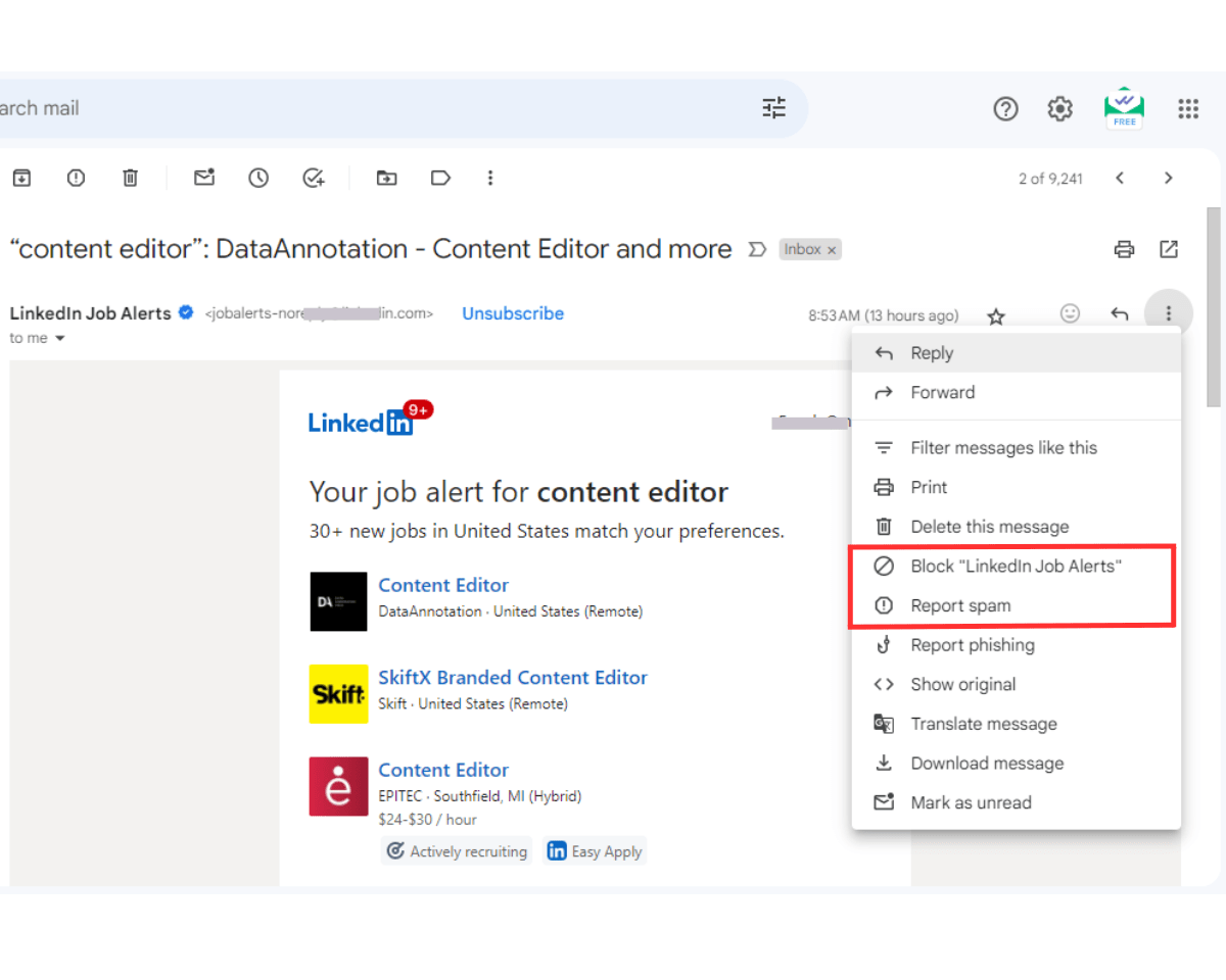 Block "Linkedin Job Alerts" and Report spam options