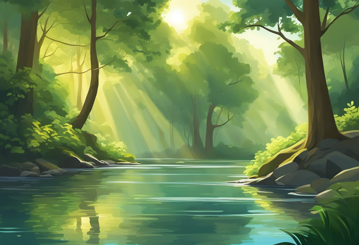 A tranquil stream flows through a lush forest, with sunlight filtering through the trees onto the clear, rippling water