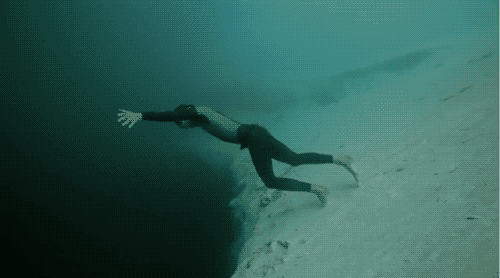 A person swimming underwater in the ocean

Description automatically generated