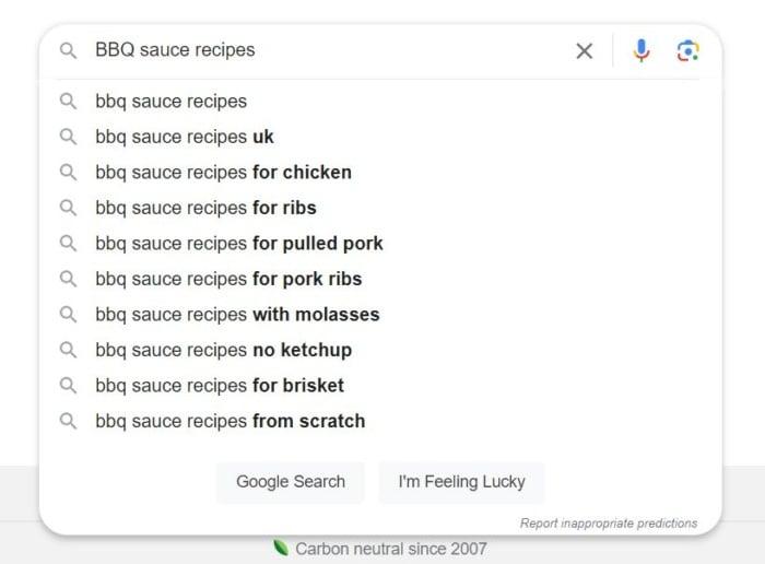 Autosuggest on Google Search for the phrase "BBQ sauce recipes