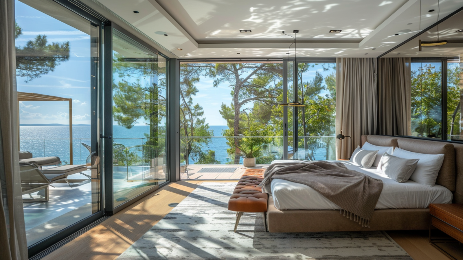 The bedroom of a luxury vacation rental in Lopar, Croatia, with floor-to-ceiling glass windows 