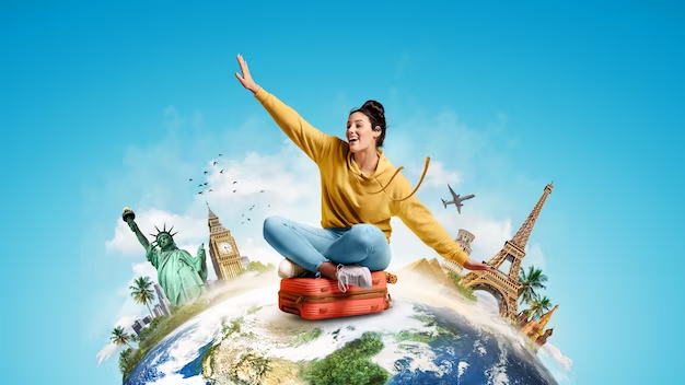 A Girl is Sitting on a Suitcase on Earth With Beautiful Landmarks