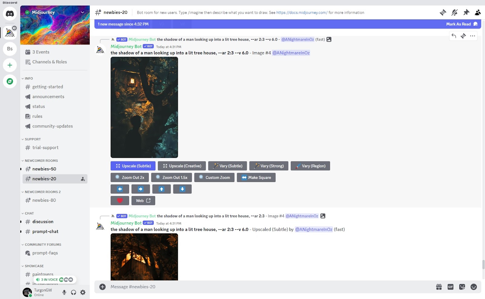screenshot of midjourney in discord and the output of the image after you provide a prompt