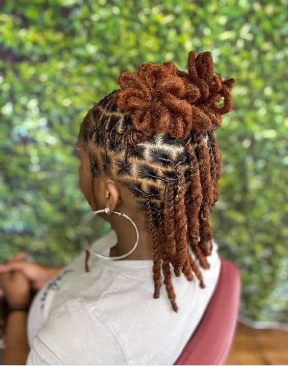 Loc styles  for women: Back view of a lady rocking  a gorgeous styled locs