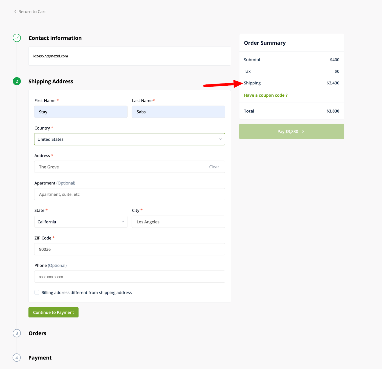 A screenshot to shipping calculations on the checkout page after entering customer address