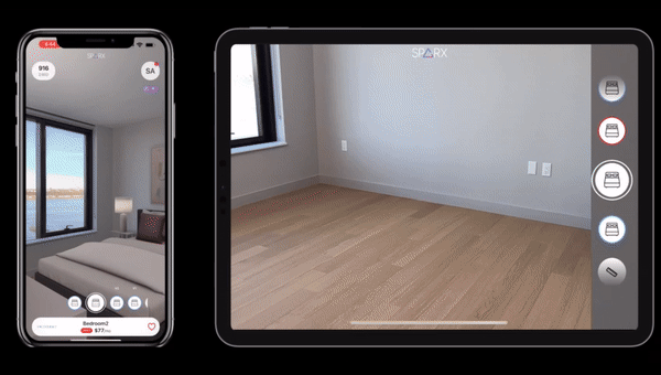 This image illustrates how you are able to use an iPhone or iPad to tour an empty apartment with augmented reality and see it furnished.