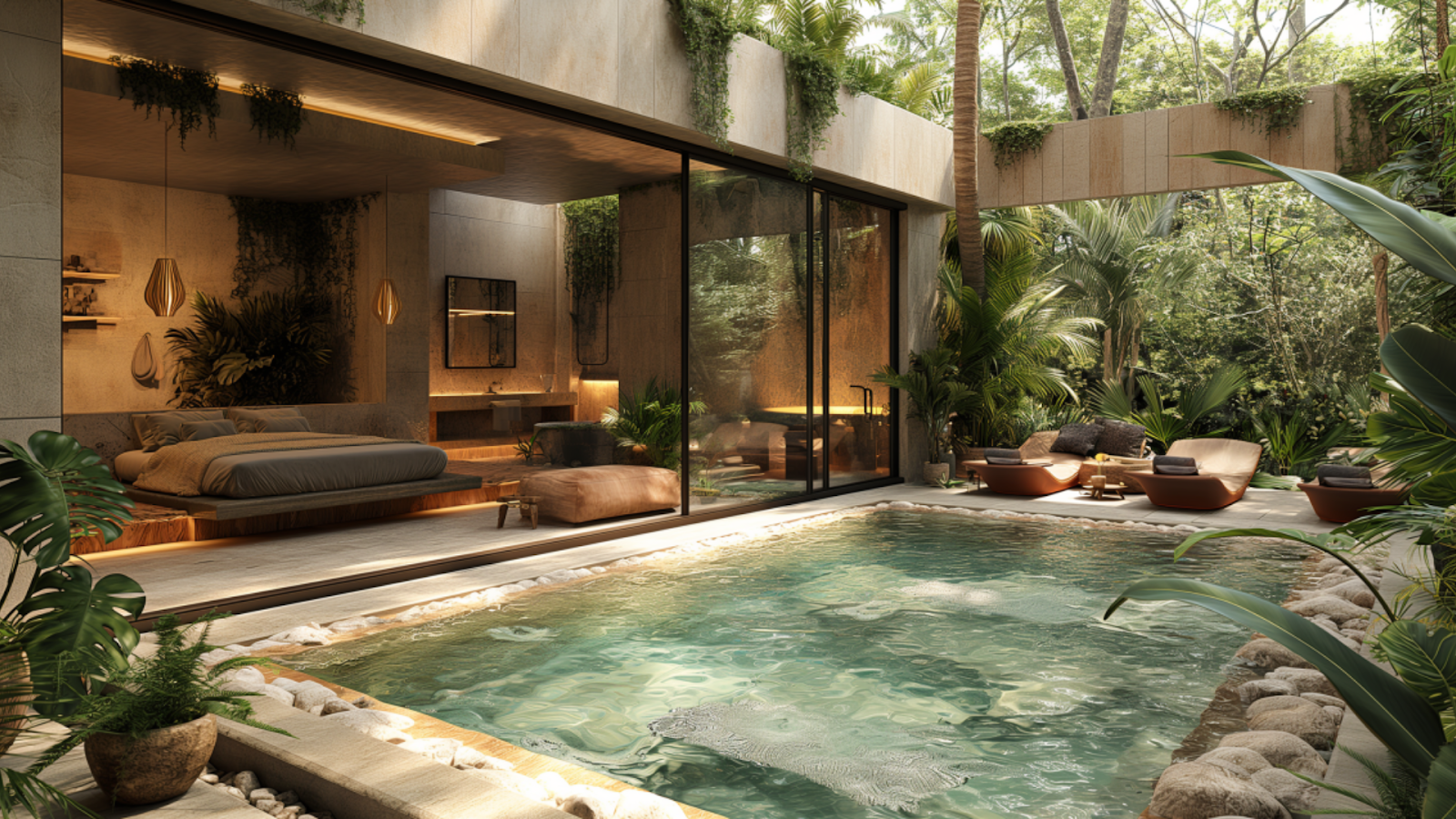 Luxury spa area inside a secluded villa in Playa del Carmen featuring tranquil design and natural elements