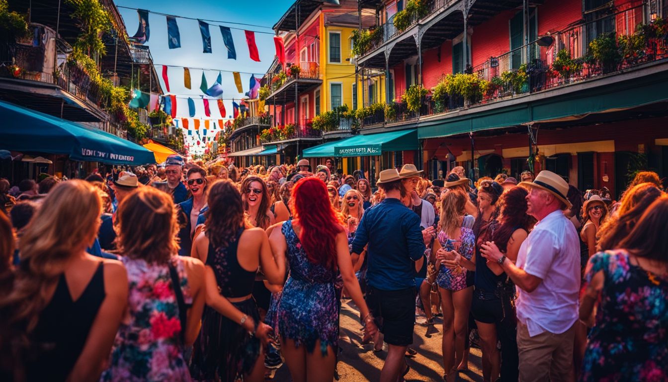 A lively crowd dances to live music in the vibrant streets of New Orleans.