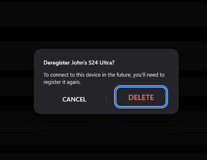 Deregister pop-up displayed on the Samsung Flow app on a PC with the Delete option highlighted