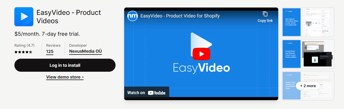 EasyVideo: easy-to-use product video app for stores that don't support plugins.
