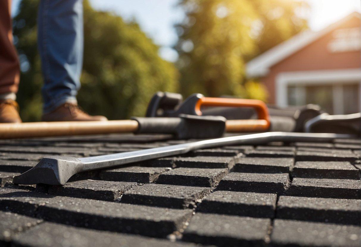 A flat, clean surface with a stack of asphalt shingles and tools nearby. A ladder leans against the roof, ready for installation