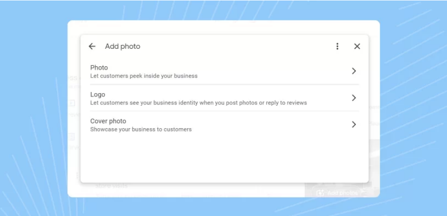 Image shows how to choose the right photo type from the Google Business Profile dashboard