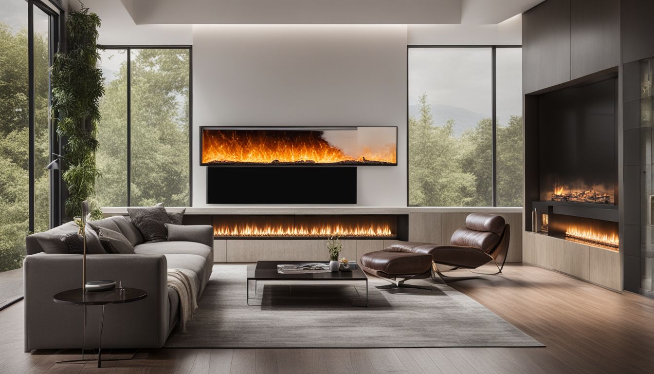 A wall-mounted linear electric fireplace surrounded by modern interior decor.