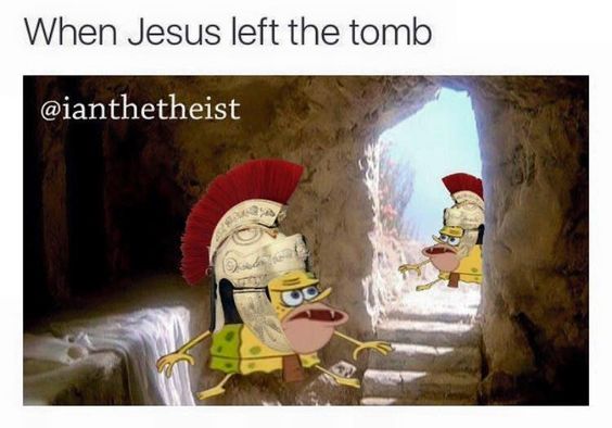 SpongeBob makes another cameo with "When Jesus left the tomb," portraying the moment of resurrection with a side of Nickelodeon humor. It's as if Jesus is saying, "Catch ya on the flip side, Rome!"