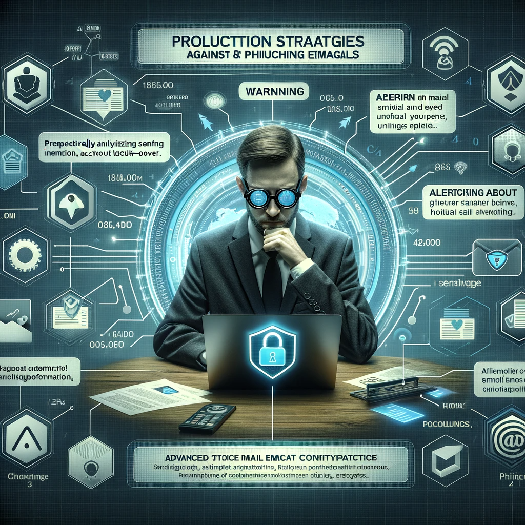 "Illustration of a cybersecurity expert analyzing threats, surrounded by a complex digital interface with graphs, locks, and cybersecurity terminology."