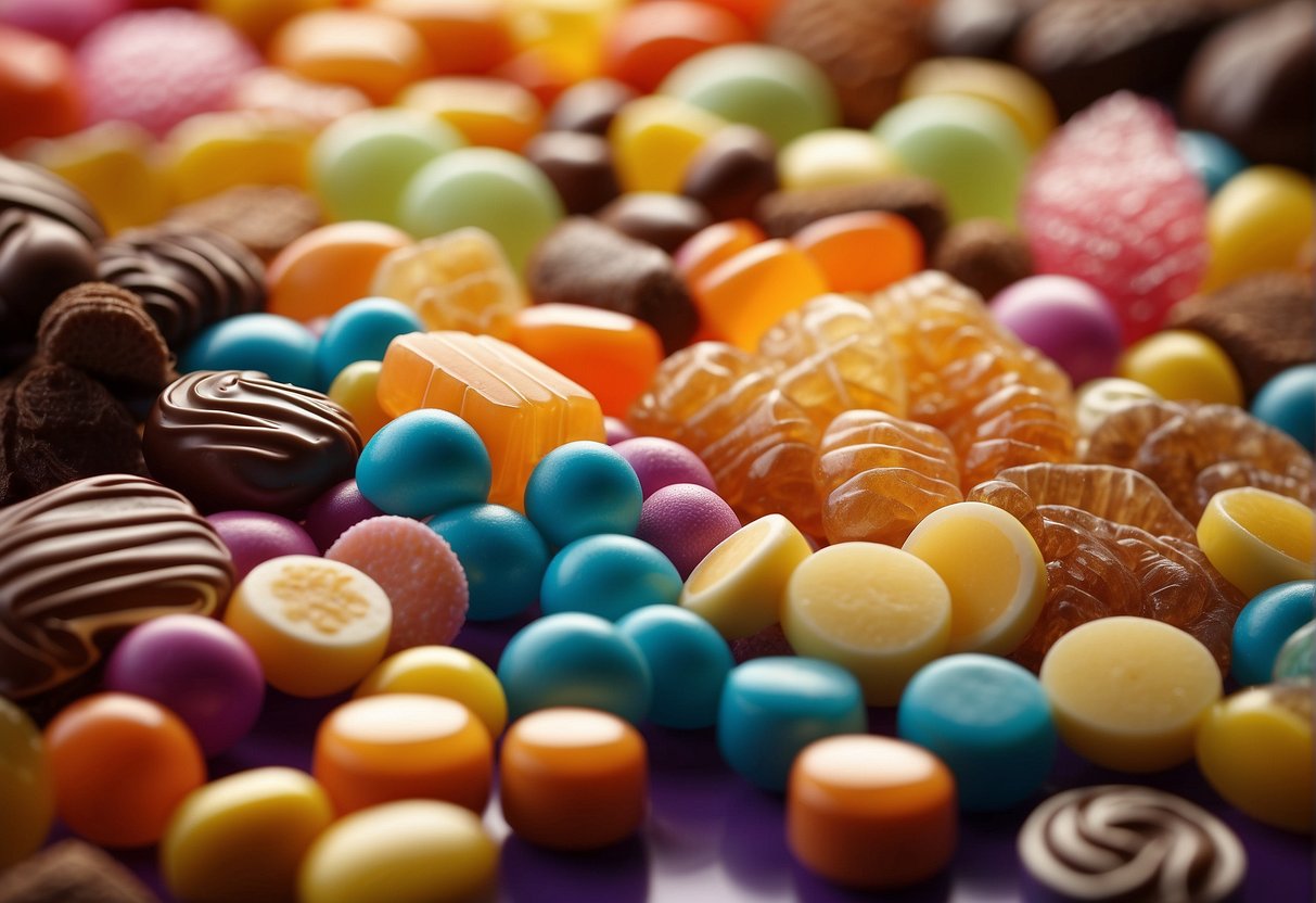 A timeline of candy evolution, from ancient honey treats to modern confections, displayed on a colorful backdrop with illustrations of various candy types