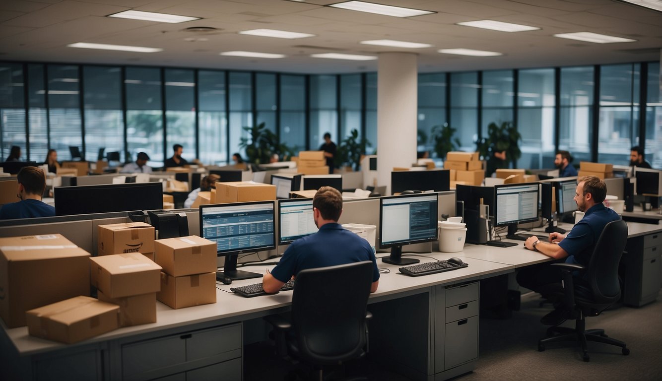 A bustling Amazon DSP management office with workers coordinating packages and delivery routes