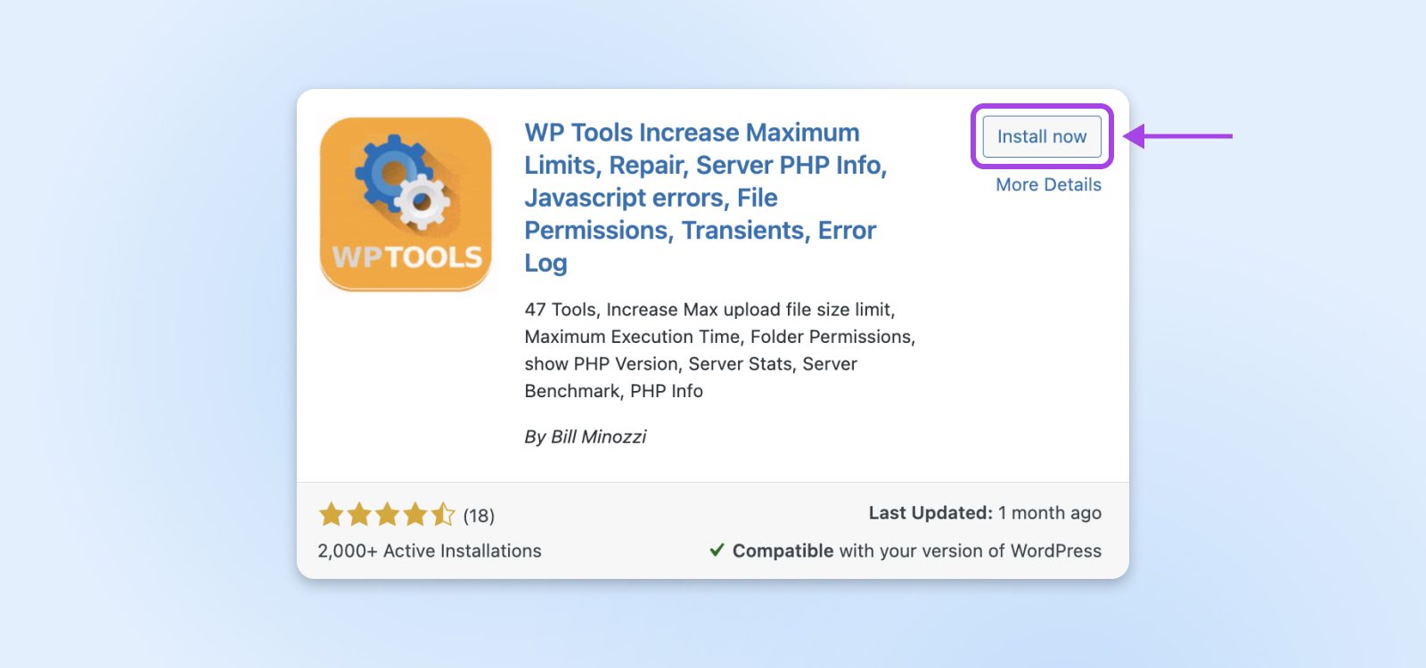 Cuadro de diálogo del complemento WP Tools que presenta revisiones, última actualización, verificación de compatibilidad y botones Instalar ahora y Más detalles.