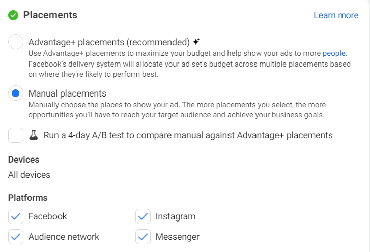 Screenshot displaying the ad placement options in Facebook Ads Manager, including Advantage+ placements, manual placements, A/B testing, devices, and platforms like Facebook, Instagram, Audience Network, and Messenger.