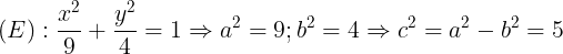 large (E): frac{x^{2}}{9}+frac{y^{2}}{4}=1Rightarrow a^{2}= 9; b^{2}=4Rightarrow c^{2}=a^{2}-b^{2}=5