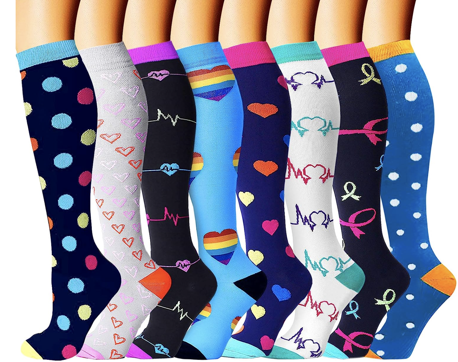 knee high socks in various bright, colorful patterns