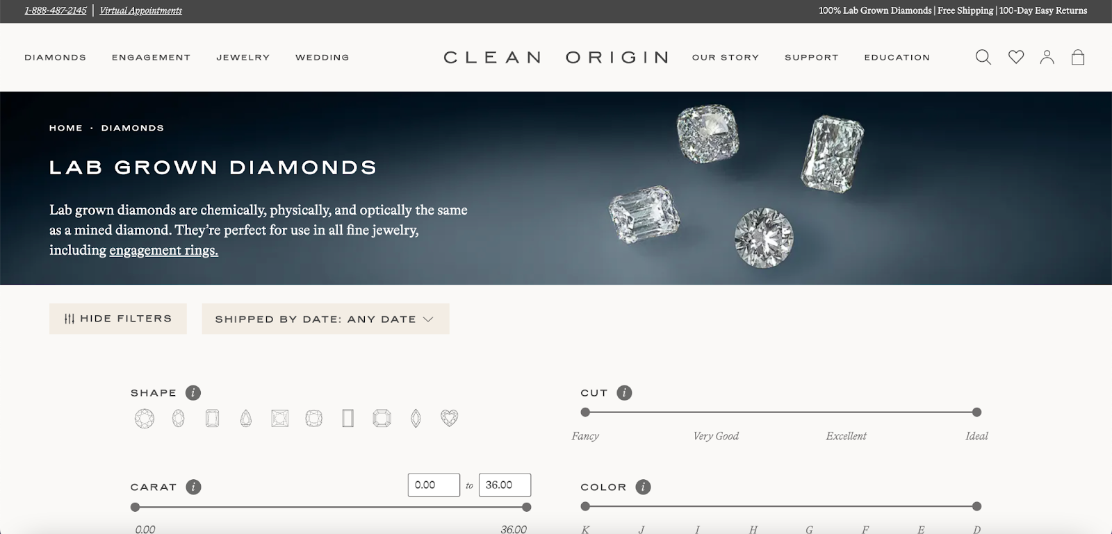 It is the landing page for clean origin where they showcase ways for sustainably sourcing lab grown diamonds.